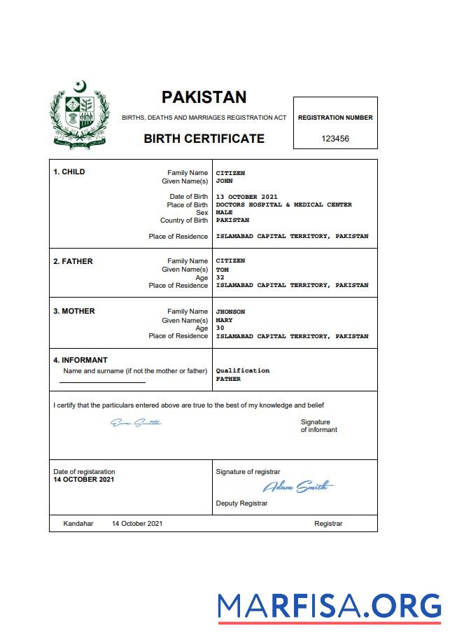 Realistic Pakistan vital record birth certificate Word and PDF template, completely editable